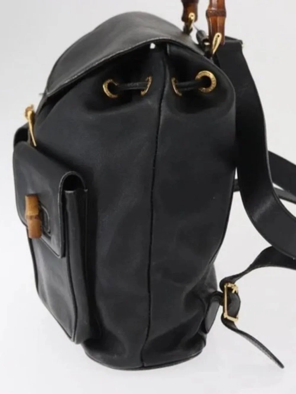 GUCCI Bamboo Backpack Leather Black Gold 003